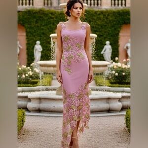 Attitudes by Debra Elegant Pink and Green very intricate hand beaded Lace Dress